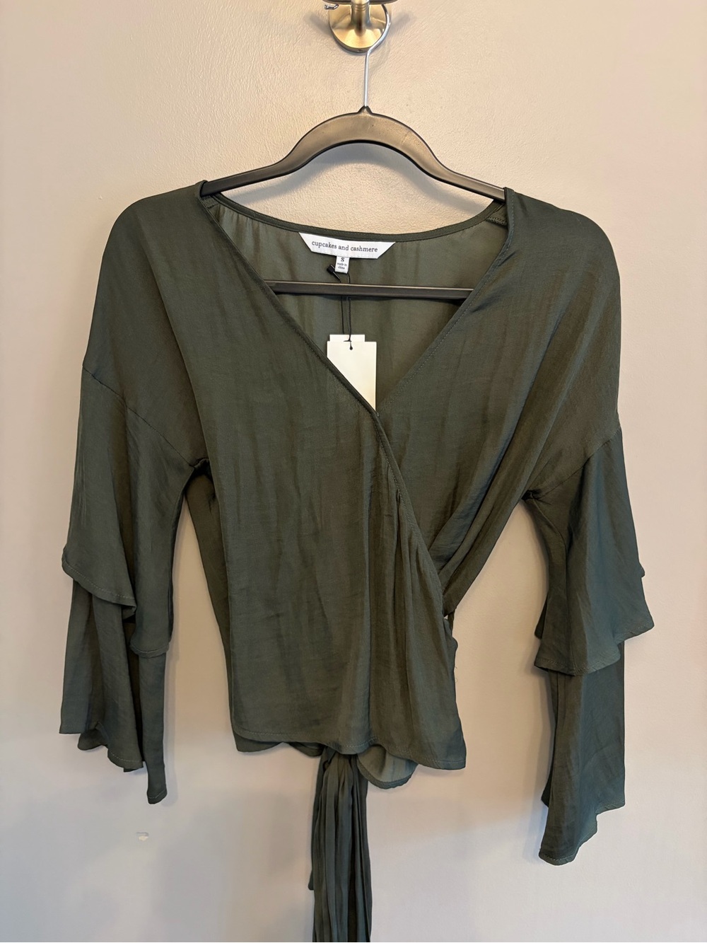 NWT Cupcakes and Cashmere olive green wrap top ruffled sleeves size S
